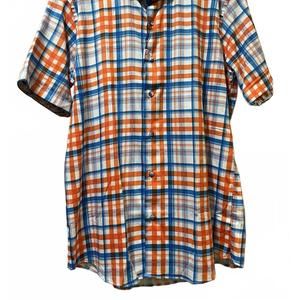 NEW 7 DOWNIE ST. men's short sleeve shirt in plaid orange blue